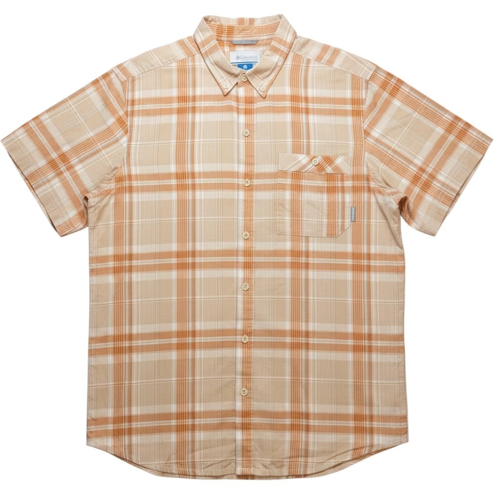 Columbia Button Down Shirt Mens Large Orange Plaid Short Sleeve Cotton